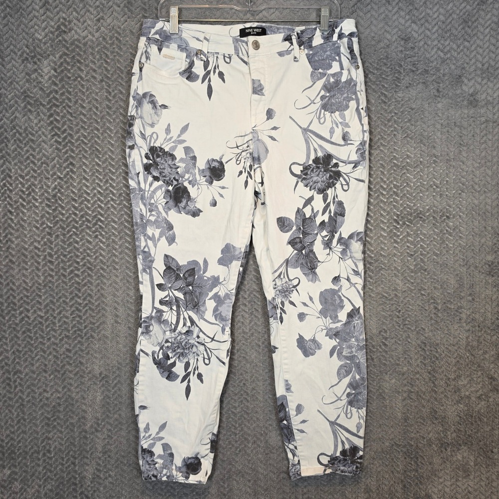 Preppy Casual Skinny Ankle Jeans Womens 12 White Grey Floral Print Stretch